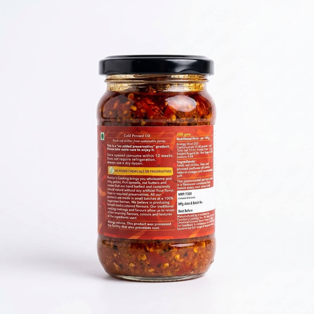 Pickle | Red Chilli Pickle – Handcrafted – 100% Natural Ingredients-Cold Pressed Oil – No Added Artificial Preservatives – Fouziyas Cooking – 225gm