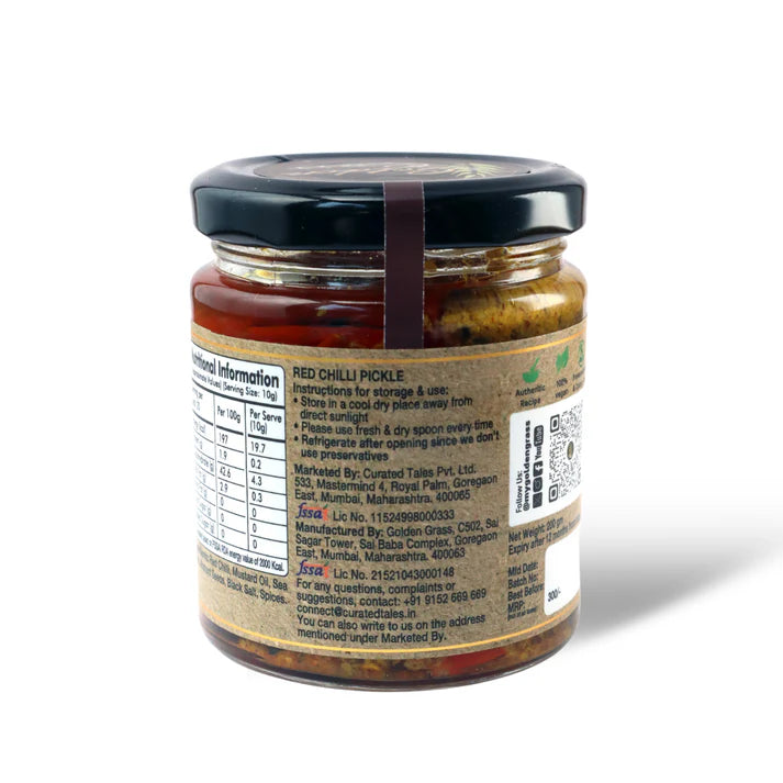 Chilli Pickle | Red Chilli Pickle - 100% Natural – Vegan, No Added Colour &amp; No Added Preservatives – Golden Grass – 200gm