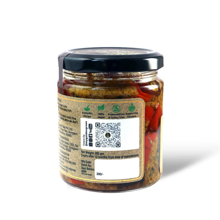 Chilli Pickle | Red Chilli Pickle - 100% Natural – Vegan, No Added Colour &amp; No Added Preservatives – Golden Grass – 200gm