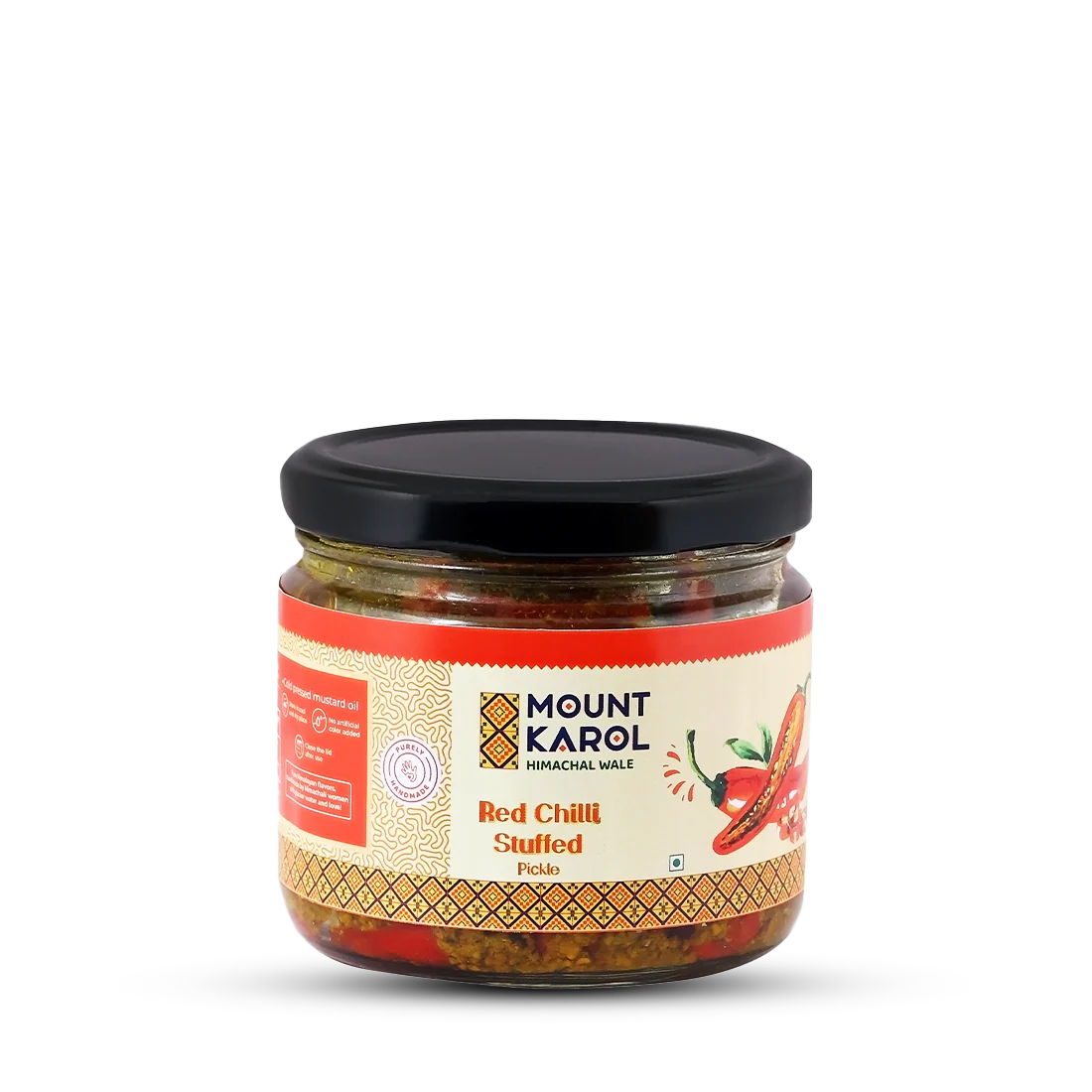 Pickle | Red Chilli Stuffed Pickle - (Made With Cold Pressed Mustard Oil) - Pure Himalayan Flavor - No emulsifiers, Stabilisers, Nothing Artificial, No Flavour Enhancers, Colours & No Artificial Preservatives - Mount Karol - 270gm