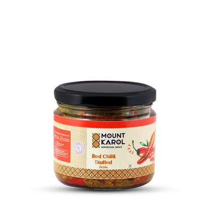 Pickle | Red Chilli Stuffed Pickle - (Made With Cold Pressed Mustard Oil) - Pure Himalayan Flavor - No emulsifiers, Stabilisers, Nothing Artificial, No Flavour Enhancers, Colours &amp; No Artificial Preservatives - Mount Karol - 270gm