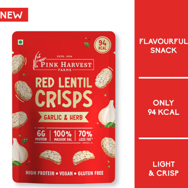Red Lentil Crisps | (Garlic &amp; Herb) - Vegan, Gluten Free &amp; High In Protein - Pink Harvest - 25gm
