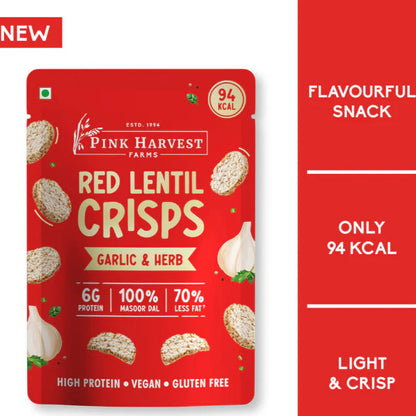 Red Lentil Crisps | (Garlic &amp; Herb) - Vegan, Gluten Free &amp; High In Protein - Pink Harvest - 25gm