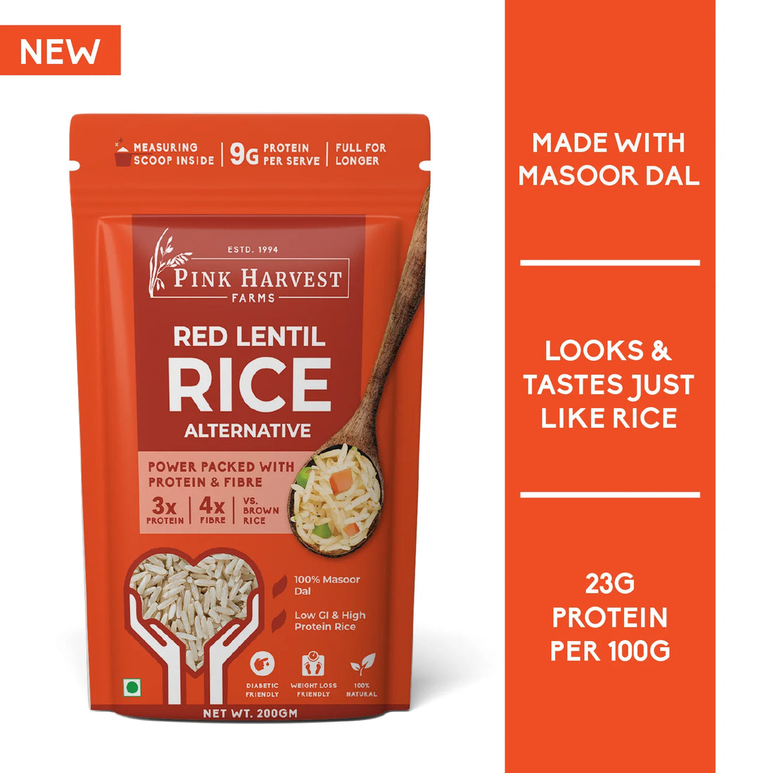 Rice | Red Lentil Rice Alternative (Made With Masoor Dal) - 9g Protein Per Serve - Diabetic Friendly &amp; High In Protein - Pink Harvest - 200gm