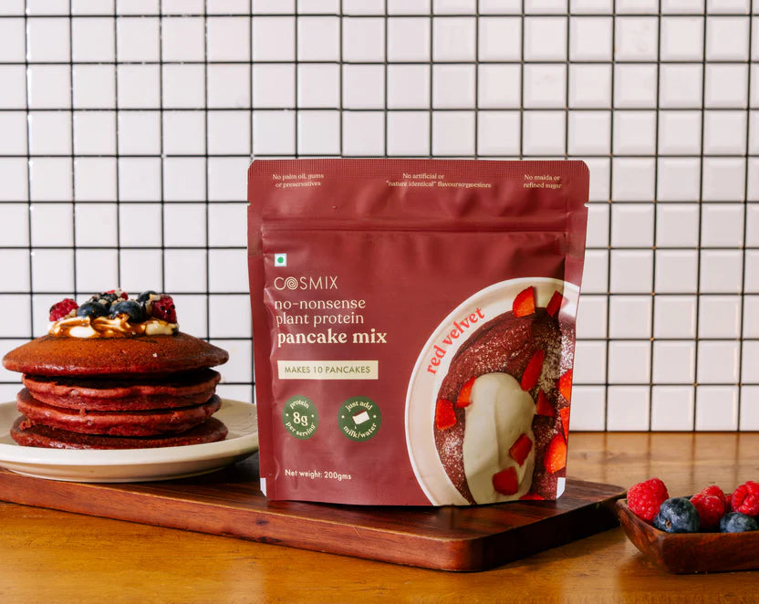 Pancake Mix | Red Velvet - No Nonsense - Plant Protein Pancake Mix - No Palm Oil, Maida, Gums, No Refined Sugar & No Artificial Flavours - Cosmix - 200gm - Makes 10 Pancakes