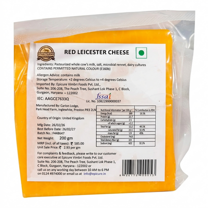 Red Leicester Cheese (Mature Coloured Cheddar Cheese)   -Pasteurized - Natural Farming Traditions - Stan Farms - 200gm