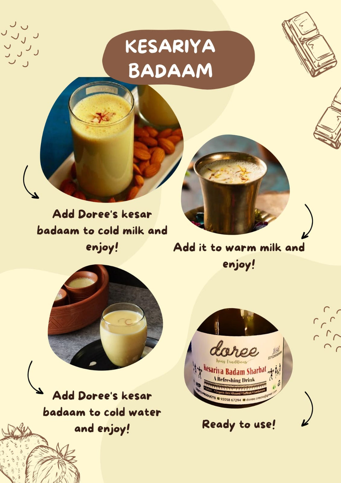 Kesariya Badam Sharbat | A Refreshing Drink - Organic Desi Khaand - Badam - Saffron - Cardamom - No Preservatives, Additives, Added Color &amp;amp; No Flavoring Agent - Doree - 500ml
