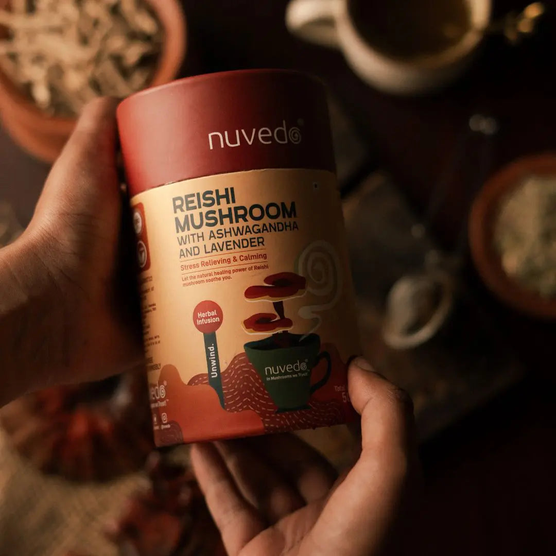 Mushroom | Reishi Mushroom Dual Extract (With Ashwagandha And Lavender) - Stress Relieving &amp;amp; Calming - Herbal Infusion - Vegan &amp;amp; Non GMO - nuvedo - 50gm