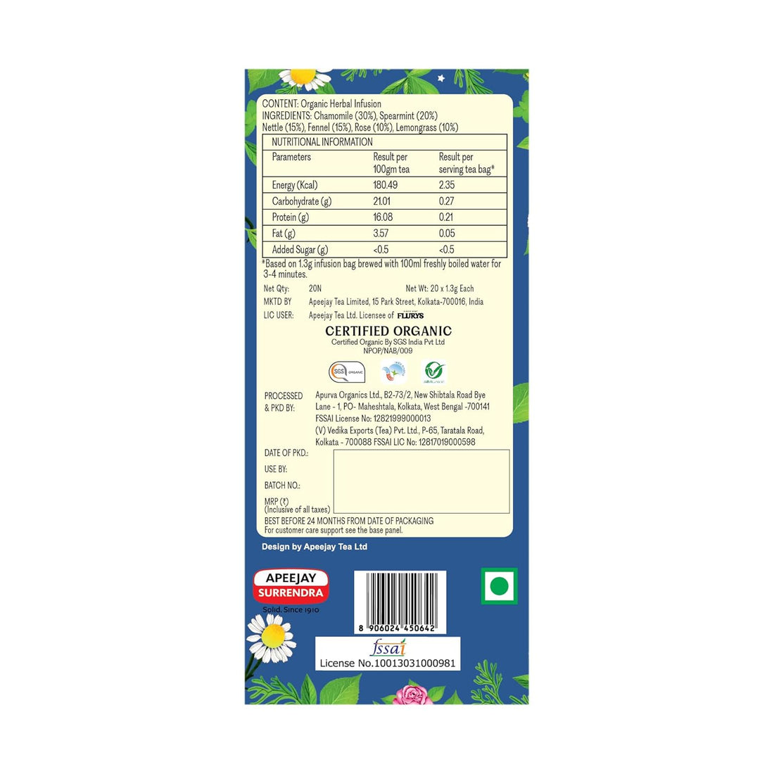 Relaxing Night Time Organic Herbal Tea with Chamomile Spearmint Fennel - Flurys -  20Tea Bags
