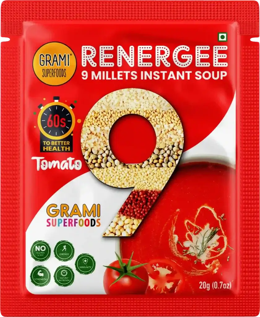 Millet Soup | Renegee Instant (Tomato) – 9 Millets – Gluten Free, Soy Free & No Harmful Preservatives – Grami Superfoods – (12 Pack) – 240gm