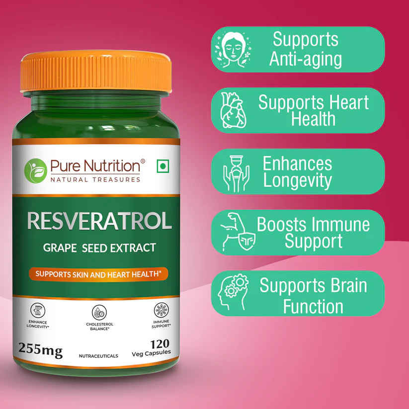 Resveratrol | Grape Seed Extract – Support Skin And Heart Health – Supports Healthy Aging &amp; Antioxidant Protection – Pure Nutrition – 255mg – 120 Veg Capsules
