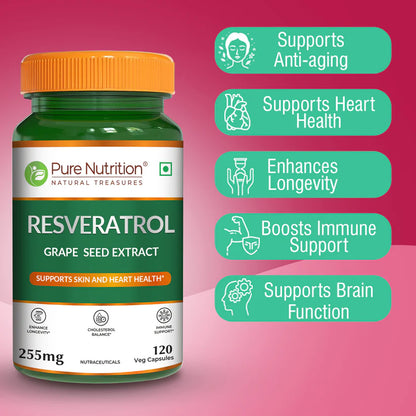 Resveratrol | Grape Seed Extract – Support Skin And Heart Health – Supports Healthy Aging &amp; Antioxidant Protection – Pure Nutrition – 255mg – 120 Veg Capsules