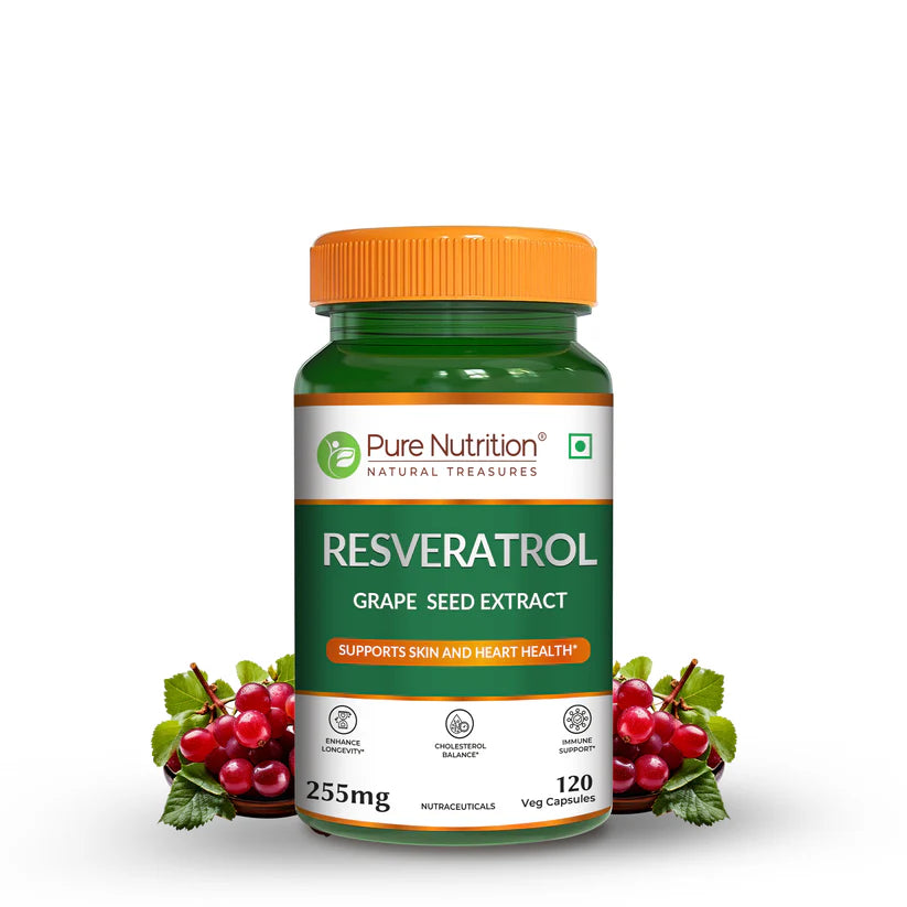 Resveratrol | Grape Seed Extract – Support Skin And Heart Health – Supports Healthy Aging &amp; Antioxidant Protection – Pure Nutrition – 255mg – 120 Veg Capsules