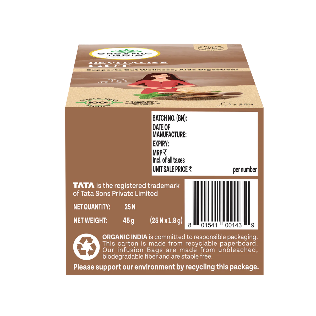 Tea | Revitalise Gut (Whole Herbs) - Supports Gut Wellness, Aids Digestion - 100% Plant Based  – Certified Organic - Caffeine free- Organic India-25 Tea Bag