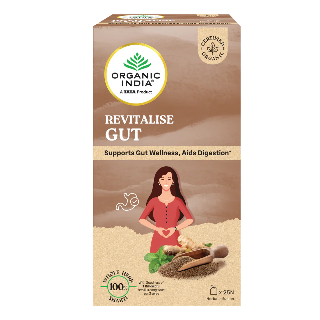 Tea | Revitalise Gut (Whole Herbs) - Supports Gut Wellness, Aids Digestion - 100% Plant Based  – Certified Organic - Caffeine free- Organic India-25 Tea Bag
