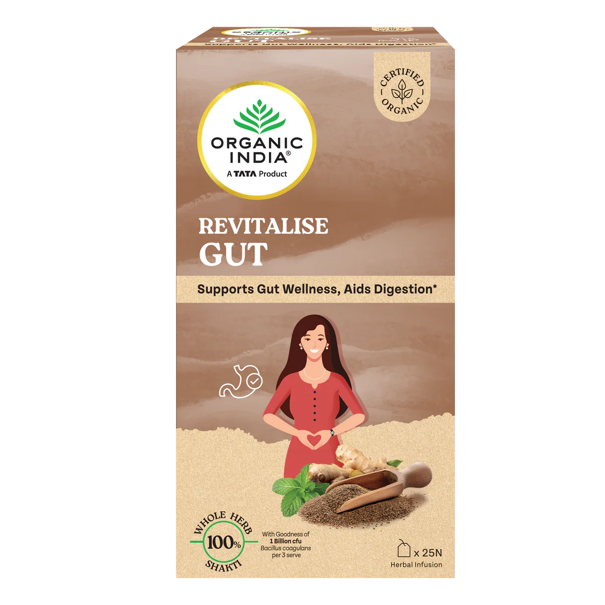 Tea | Revitalise Gut (Whole Herbs) - Supports Gut Wellness, Aids Digestion - 100% Plant Based  – Certified Organic - Caffeine free- Organic India-25 Tea Bag