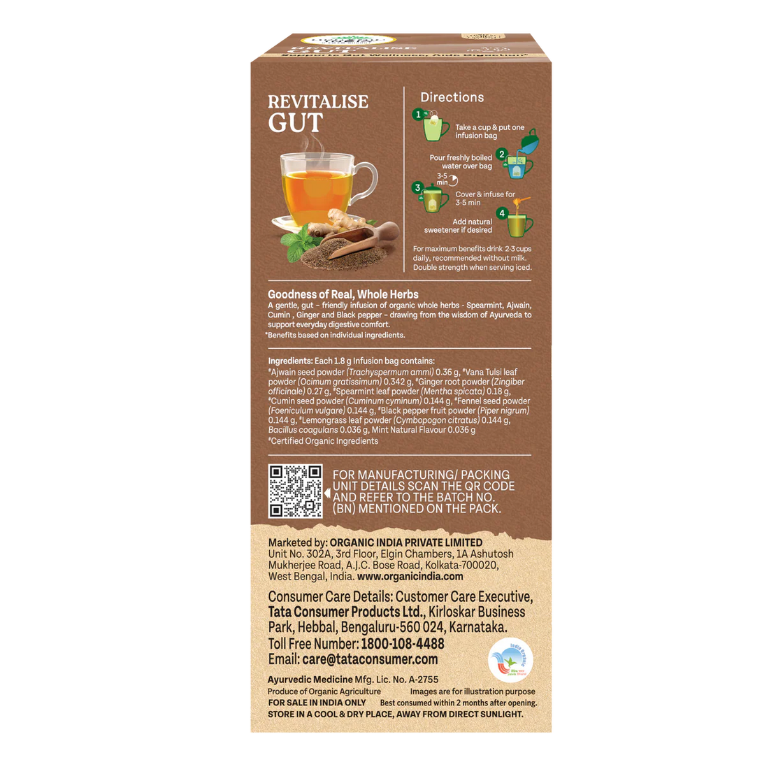 Tea | Revitalise Gut (Whole Herbs) - Supports Gut Wellness, Aids Digestion - 100% Plant Based  – Certified Organic - Caffeine free- Organic India-25 Tea Bag