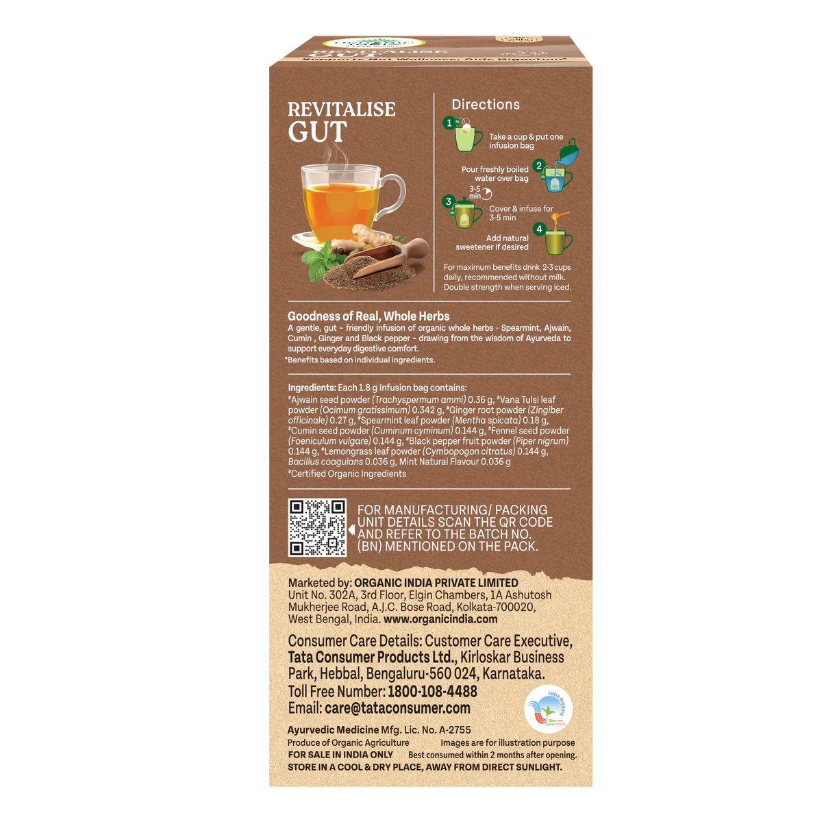 Tea | Revitalise Gut (Whole Herbs) - Supports Gut Wellness, Aids Digestion - 100% Plant Based  – Certified Organic - Caffeine free- Organic India-25 Tea Bag