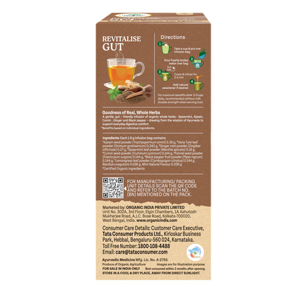Tea | Revitalise Gut (Whole Herbs) - Supports Gut Wellness, Aids Digestion - 100% Plant Based  – Certified Organic - Caffeine free- Organic India-25 Tea Bag