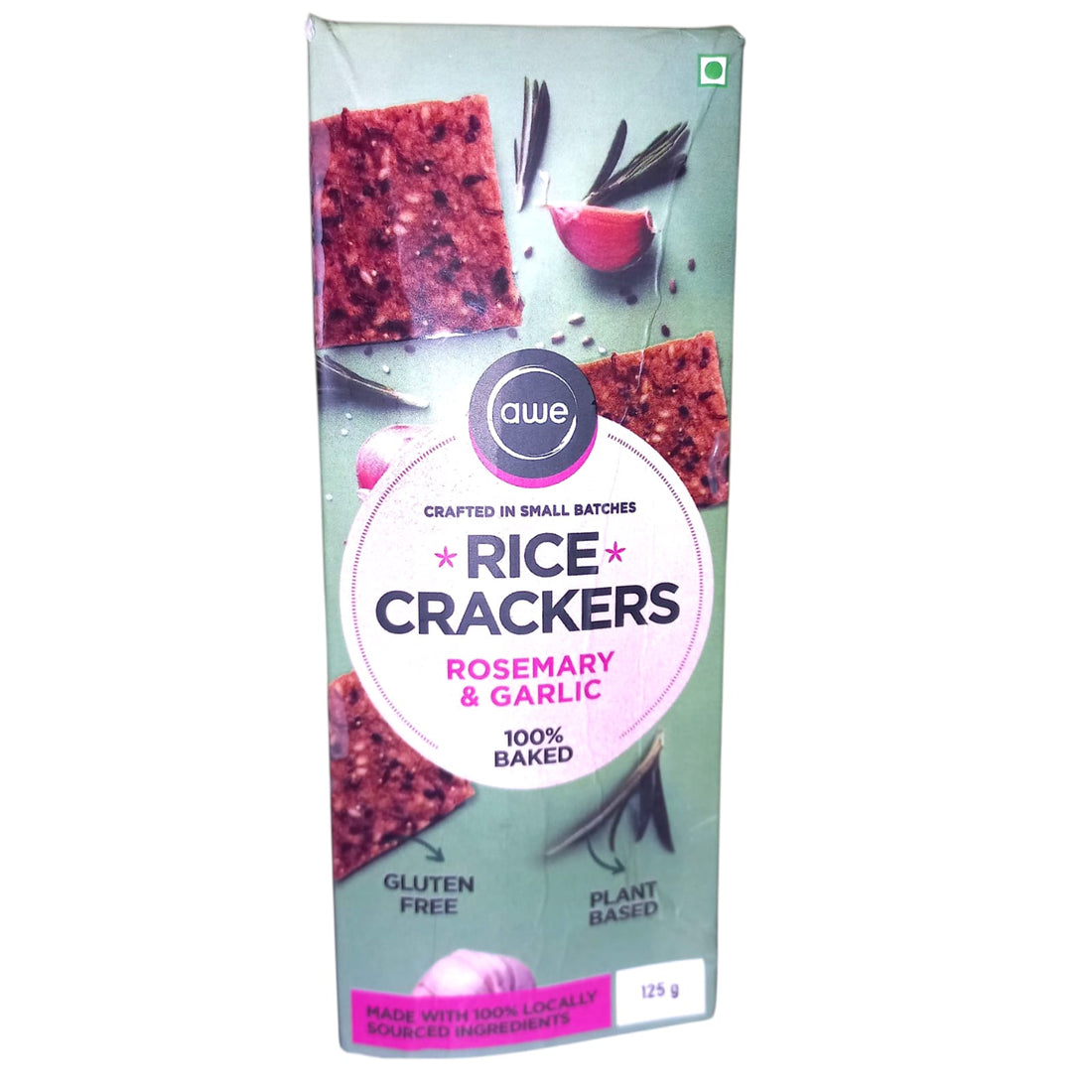 Crackers | Rice Crackers (Rosemary &amp; Garlic) - Made With 100% Locally Sourced Ingredients - 100% Baked - Plant Based - Gluten Free - Awe - 125gm