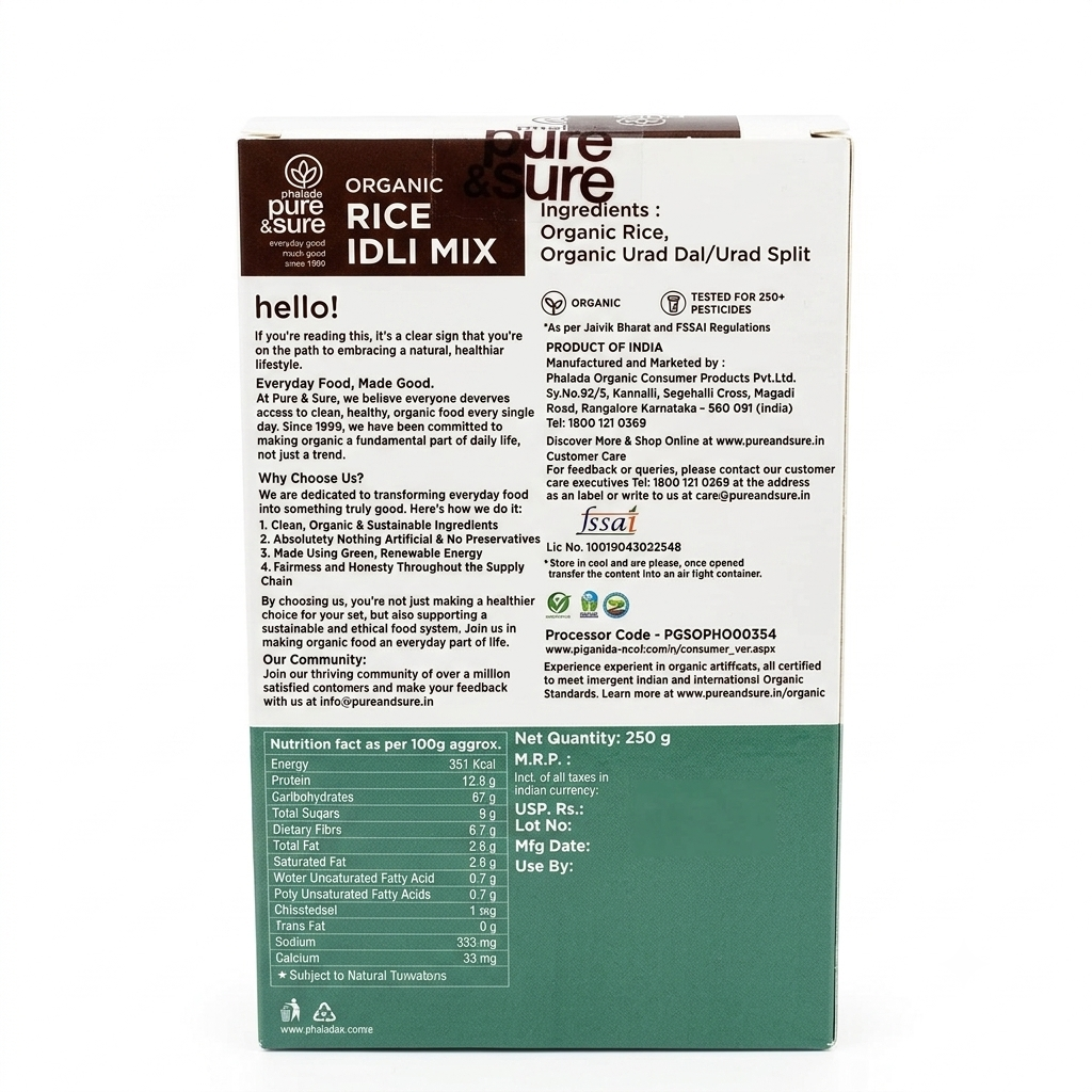 Rice Idly Mix - Ready To Cook-No Phorate &amp; Carbendazim - No preservatives- Pure and Sure - 250gm