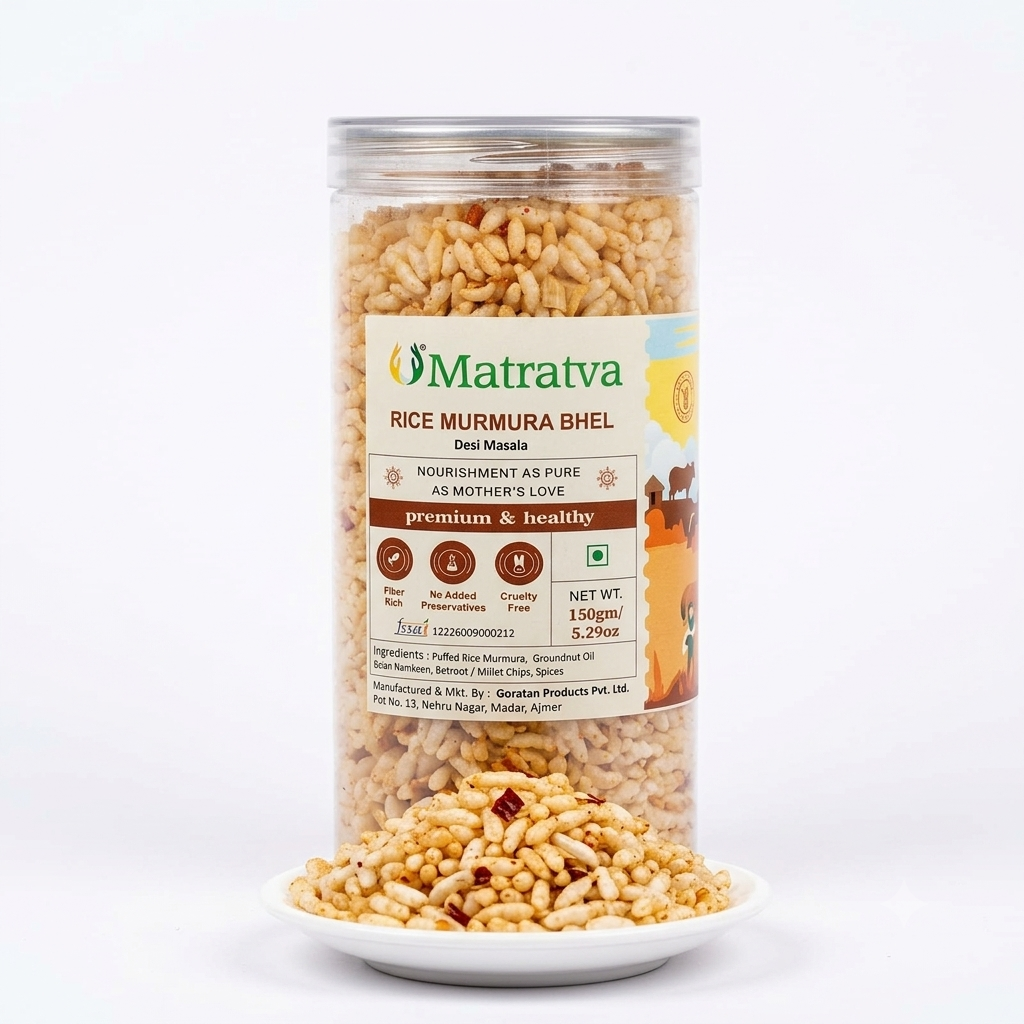 Bhel  | Rice Murmura Bhel (Desi Masala) - Roasted , Gluten Free - High In Fibre, Cruelty Free &amp; No Added Presevatives - Matratva - 150gm