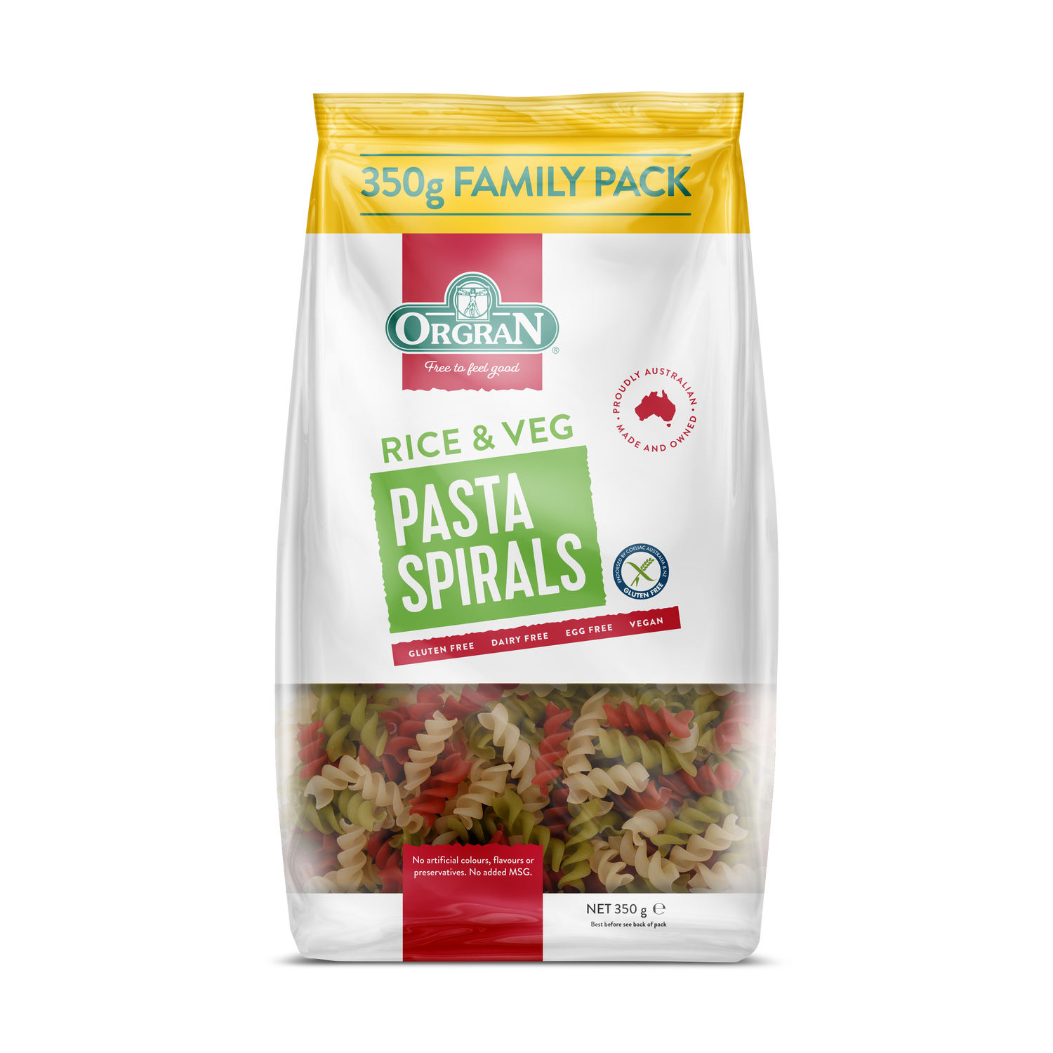 Pasta | Rice &amp; Vegetable Pasta Spirals - Vegan, Gluten Free, Egg Free, Milk Free, Wheat Free, No Artificial Color And Flavor &amp; No Added Preservatives - Orgran - 350gm