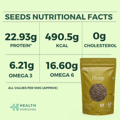 Hemp | Roasted Hemp Seeds - High In Protein - Vegan, Gluten Free, Soy Free &amp; No Additives - Health Horizons - 150gm