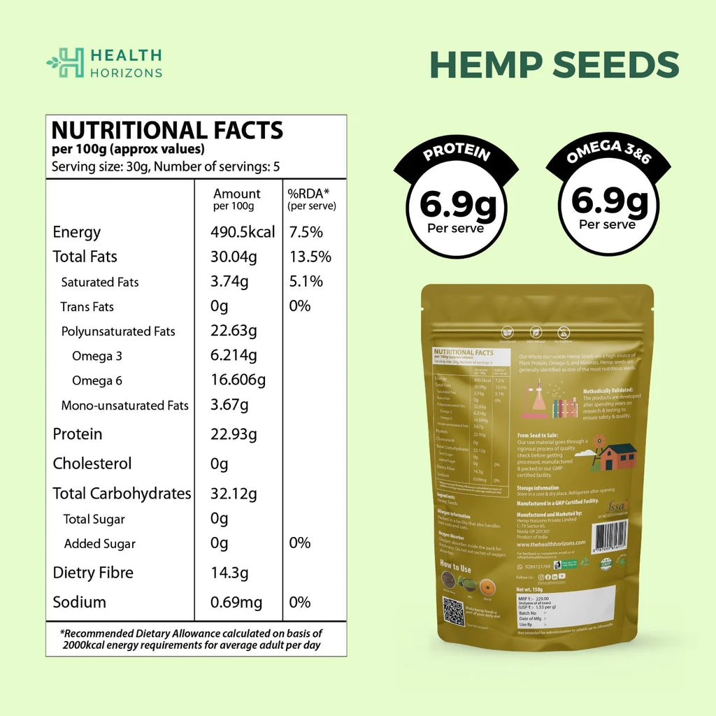 Hemp | Roasted Hemp Seeds - High In Protein - Vegan, Gluten Free, Soy Free &amp; No Additives - Health Horizons - 150gm