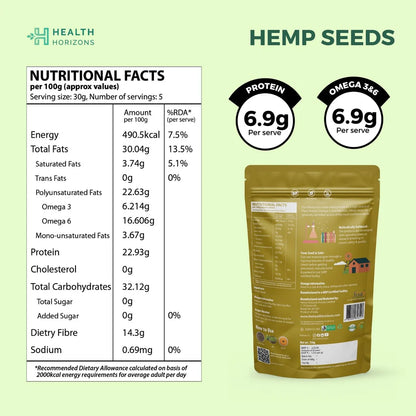 Hemp | Roasted Hemp Seeds - High In Protein - Vegan, Gluten Free, Soy Free &amp; No Additives - Health Horizons - 150gm