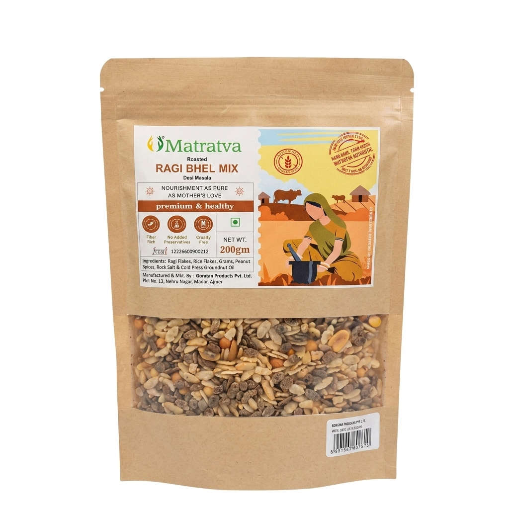Bhel Mix | Roasted Ragi Bhel Mix (Desi Masala) - Made With Organic Ingredients -Cruelty Free, High In Fibre &amp; No Added Preservatives - Matratva - 200gm