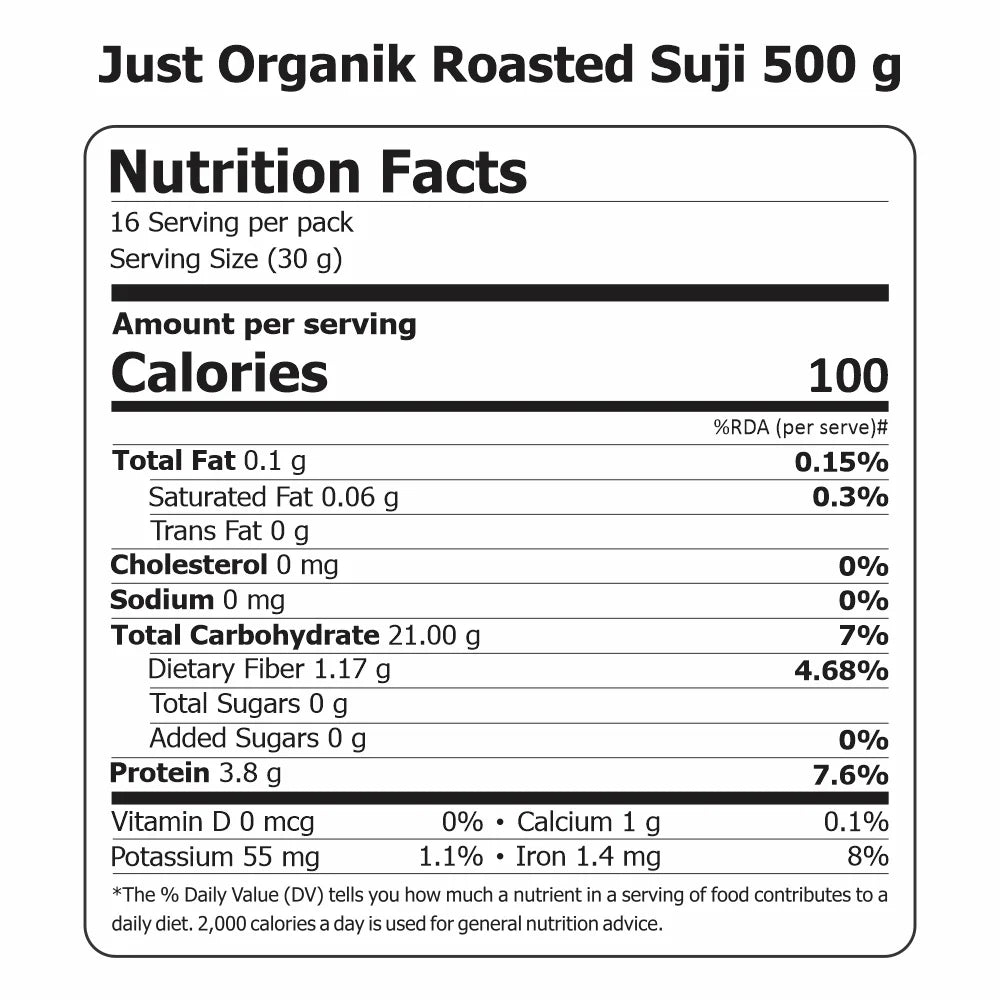 Suji | Roasted Semolina (Bhuni Suji) - USDA Organic - Just Organik - 500gm