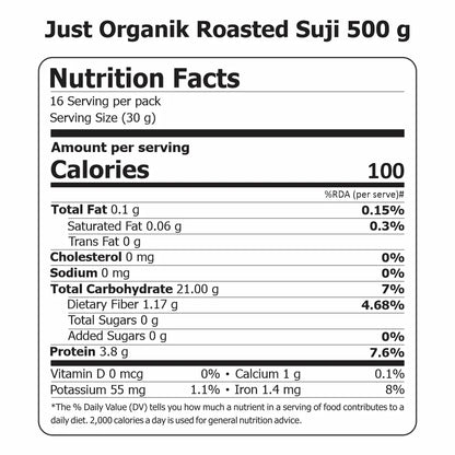 Suji | Roasted Semolina (Bhuni Suji) - USDA Organic - Just Organik - 500gm