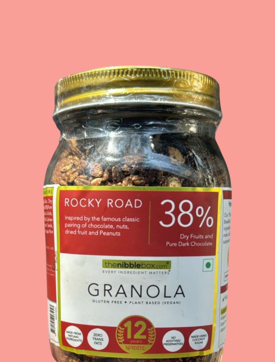 Granola | Rocky Road – 38% Dry Fruit &amp; Pure Dark Chocolate – Vegan, Gluten Free, No Trans Fat, No Preservatives &amp; No Additive – The Nibble Box – 500gm
