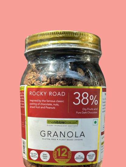 Granola | Rocky Road – 38% Dry Fruit &amp; Pure Dark Chocolate – Vegan, Gluten Free, No Trans Fat, No Preservatives &amp; No Additive – The Nibble Box – 500gm