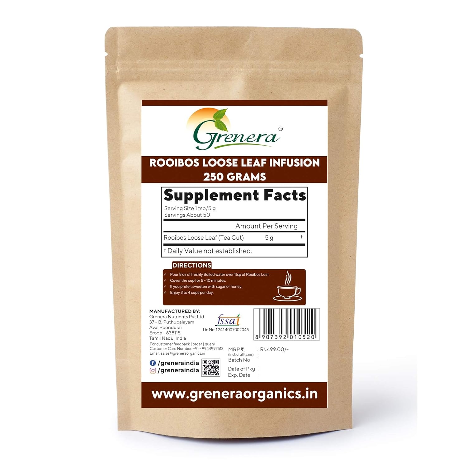 Rooibos Loose Leaf Infusion Tea – Organic - Grenera – 250gm