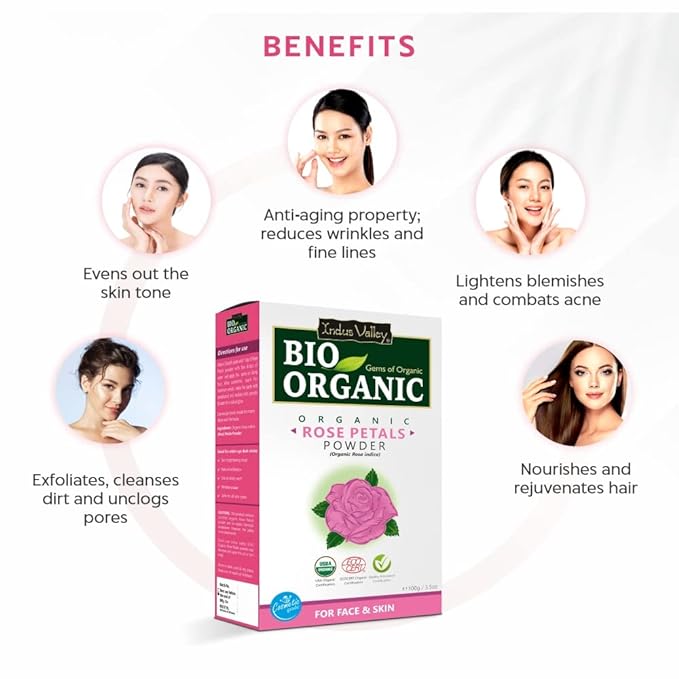 Rose Petals Powder | For Face &amp;amp; Skin - USDA Organic - Vegan &amp;amp; No Added Chemicals - Indus Valley – 100gm