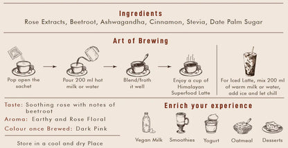 Latte Mix | Rose Beetroot Mix / Latte - Naturally Sweetened Using Dates - Enhances Sleep &amp; Digestion - No Added Preservatives, Additives, Artificial Flavours &amp; No Added Sugar - Ayantara - 16 Sachets X 4gm