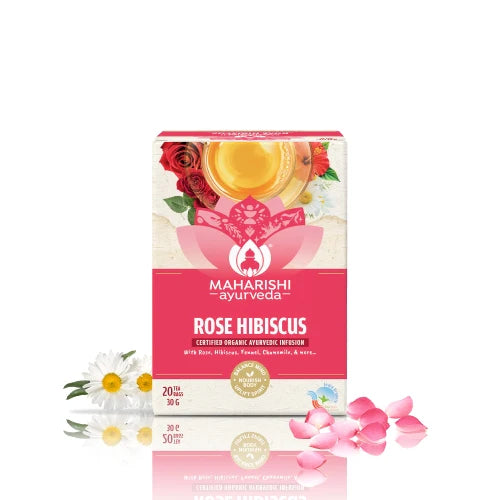 Tea | Rose Hibiscus (With Rose, Hibiscus, Fennel, Chamomile &amp; More) - Uplifting &amp; Calming Ayurvedic Blend - Certified Organic Ayurvedic Infusion - Gluten Free &amp; No Added Flavours - Maharishi Ayurveda - 20 Tea Bags