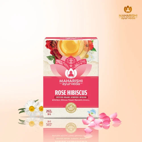 Tea | Rose Hibiscus (With Rose, Hibiscus, Fennel, Chamomile &amp; More) - Uplifting &amp; Calming Ayurvedic Blend - Certified Organic Ayurvedic Infusion - Gluten Free &amp; No Added Flavours - Maharishi Ayurveda - 20 Tea Bags