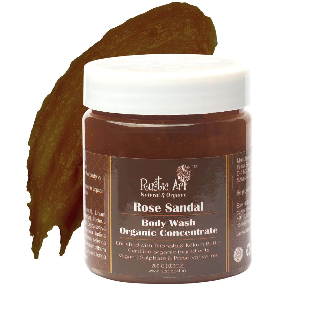 Body Wash | Rose Sandal Body Wash Concentrate - Organic – Vegan, Sulphate Free &amp; Preservatives Free – Rustic Art – 200ml