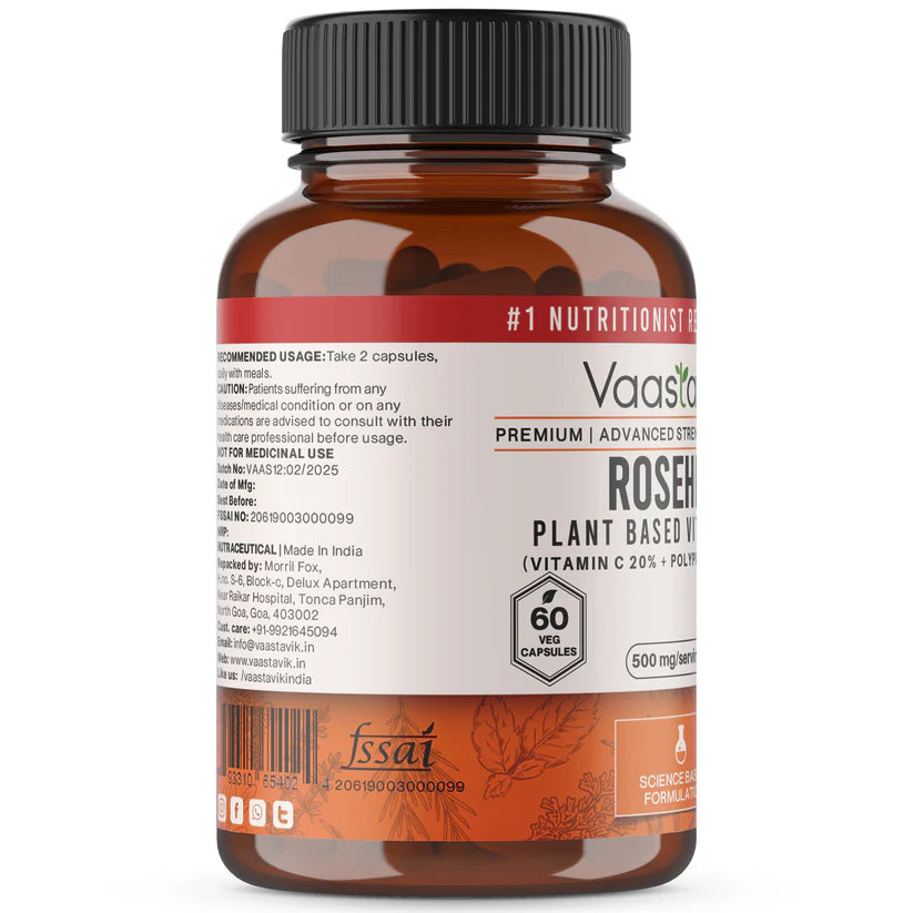 Rosehip Capsules | Plant Based ( 20% Vitamin C + 30% Polyphenols)  -Extract Dietary Supplements- Gluten Free, Free of Soy- No Added Sugar &amp;amp; Non GMO - Vaastavik - (500 mg/Serving) - 60 Capsules
