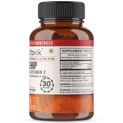 Rosehip Capsules | Plant Based ( 20% Vitamin C + 30% Polyphenols)  -Extract Dietary Supplements- Gluten Free, Free of Soy- No Added Sugar &amp;amp; Non GMO - Vaastavik - (500 mg/Serving) - 60 Capsules