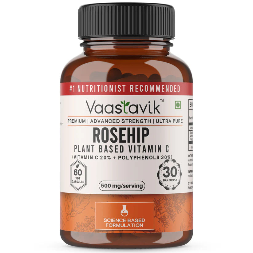 Rosehip Capsules | Plant Based ( 20% Vitamin C + 30% Polyphenols)  -Extract Dietary Supplements- Gluten Free, Free of Soy- No Added Sugar &amp;amp; Non GMO - Vaastavik - (500 mg/Serving) - 60 Capsules