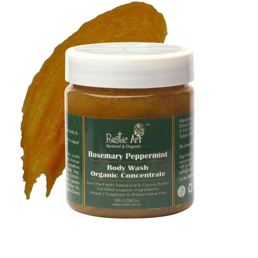 Body Wash | Rosemary Peppermint (Concentrate) - Oily to Normal Skin - Organic – Vegan, No Added Preservatives &amp;amp; Sulphate Free – Rustic Art – 200gm