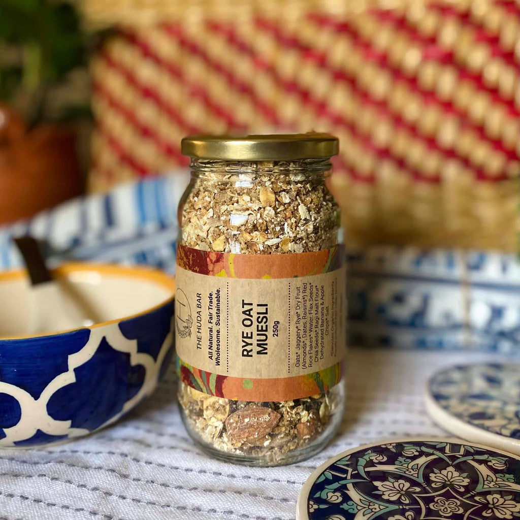 Muesli | Rye Oat Muesli (With Almond &amp; Banana) - All Natural - Vegan, Dairy Free, Honey Free &amp; No Added Preservatives - The Huda Bar - 250gm