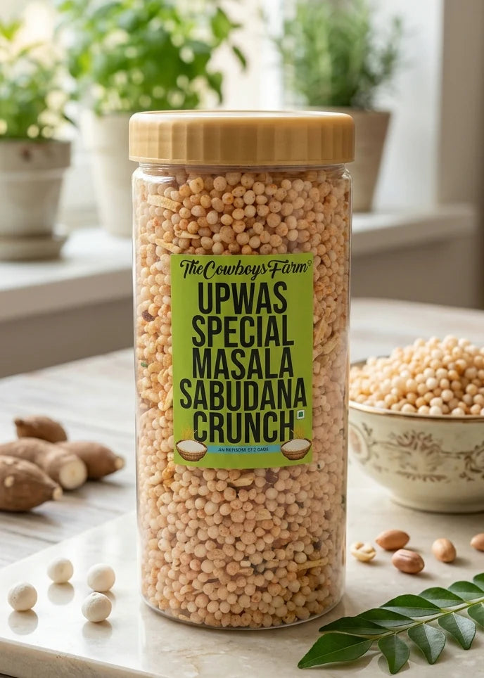 Masala Sabudana Crunch - Upwas (Fasting) Special Snacks - Navratri Special Snacks - No Onion, No Garlic-No Palm Oil, No Msg & Preservatives Free – The Cow Boys Farm - 330gm