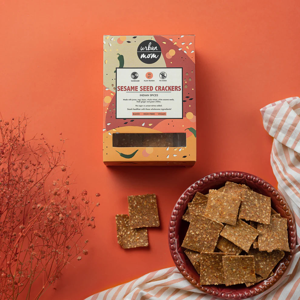 Cracker | Sesame Seed Crackers - Indian Spices - 10g Protein - Baked - Vegan, No Maida, Refined Sugar, Added Oil &amp; No Added Preservatives - Urban Mom - 100gm