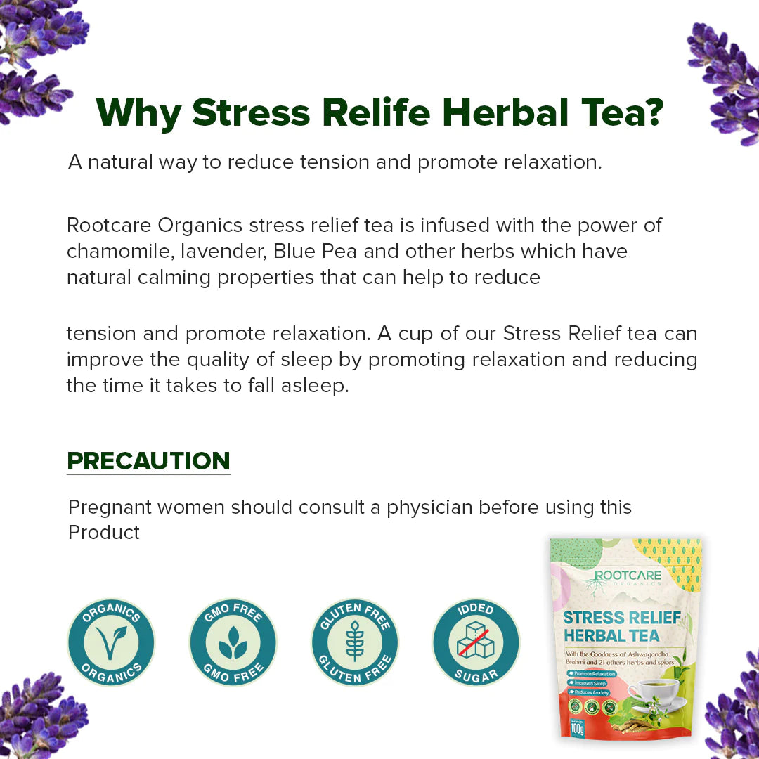 Stress Relief  Tea | Root Plant Based Superfood - Promote Relaxation - Improves Sleep - Reduce Anxiety - Natural - No Added Sugar, Artificial Flavor &amp;amp; No Added Preservatives - Root Care Organics - Tea Bag 30 No&