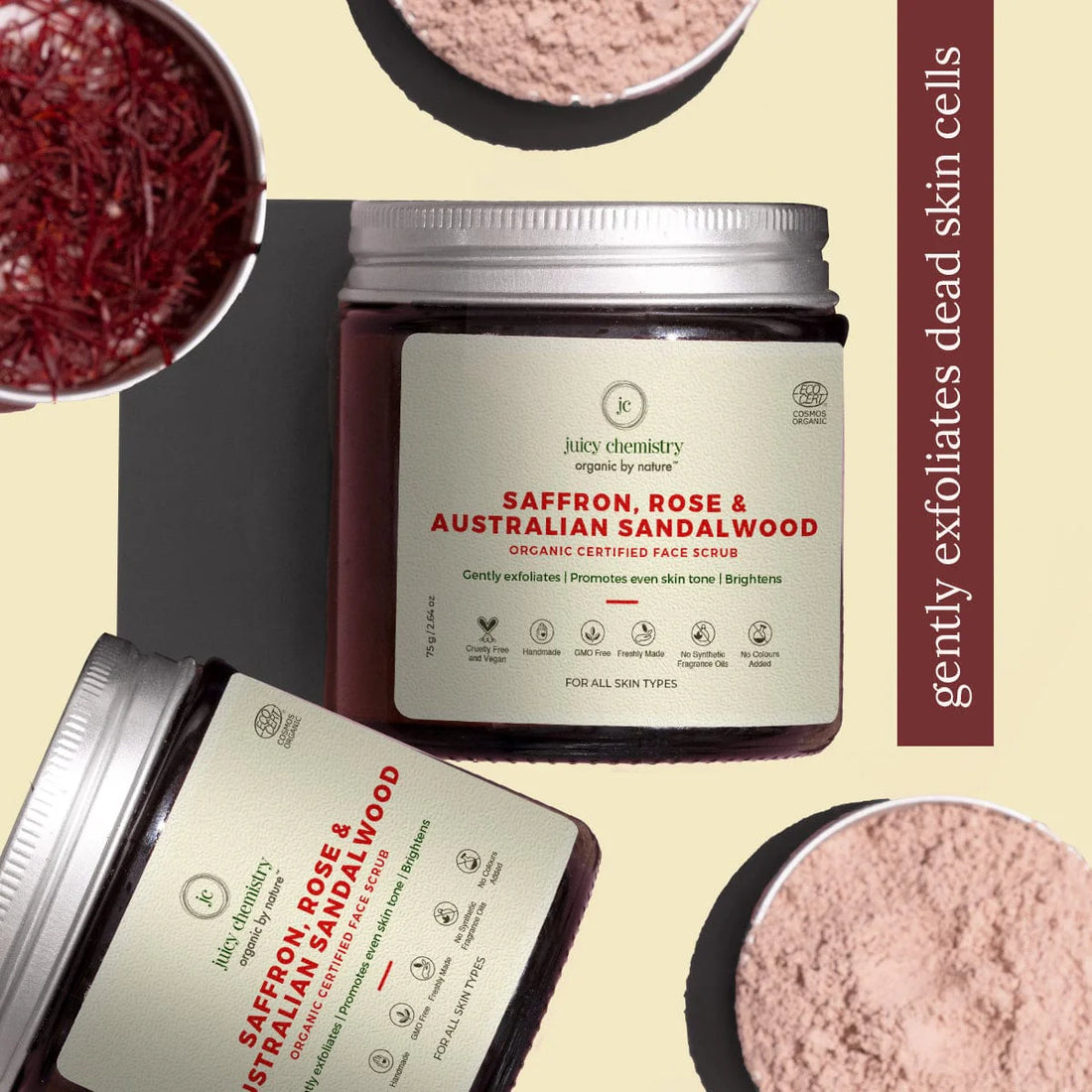 Saffron, Rose &amp; Australian Sandalwood Organic Face Scrub - Juicy Chemistry - 75gm
